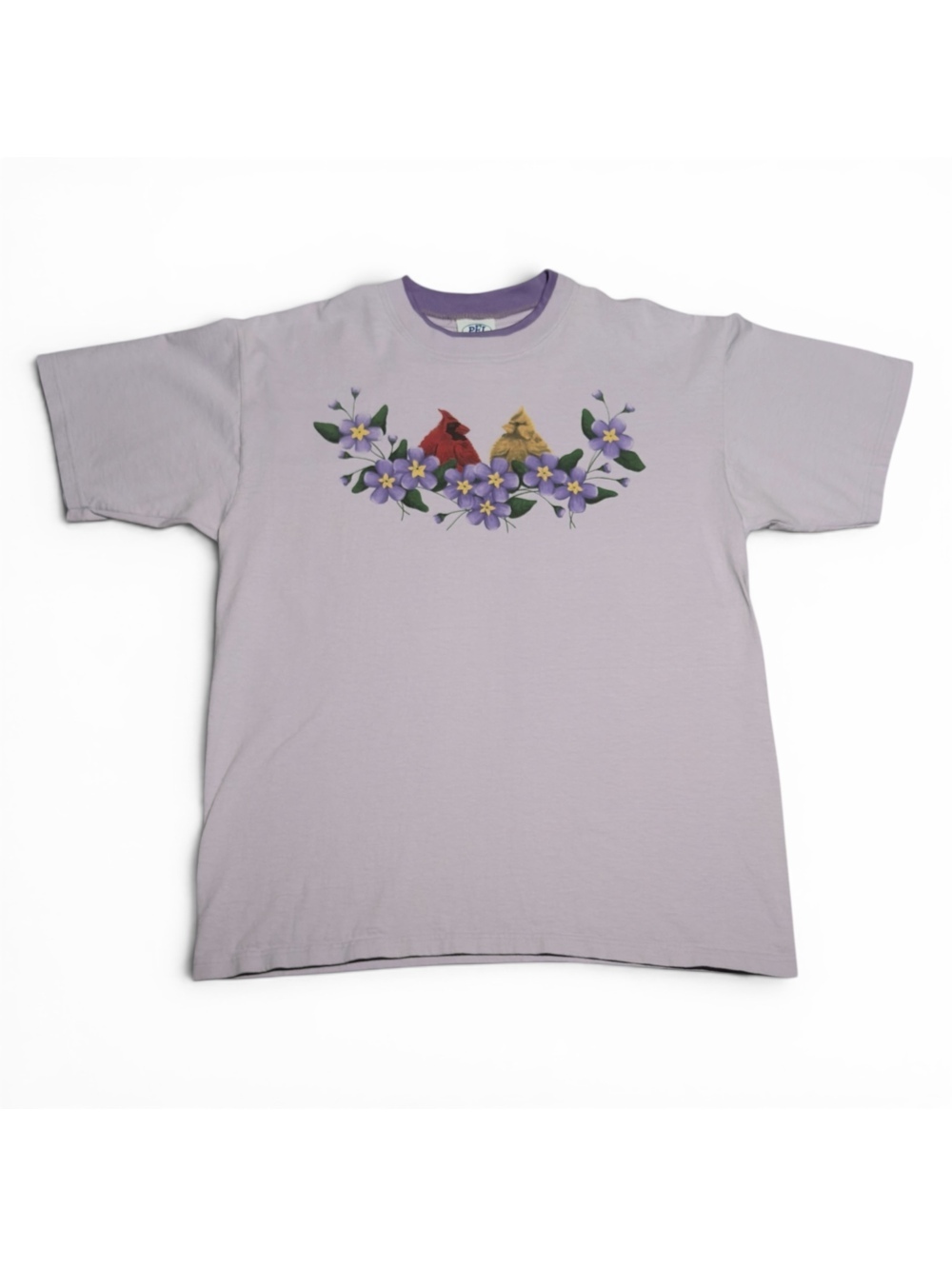 Vintage Lilac Cotton T-Shirt with Cardinal and Flower Design L